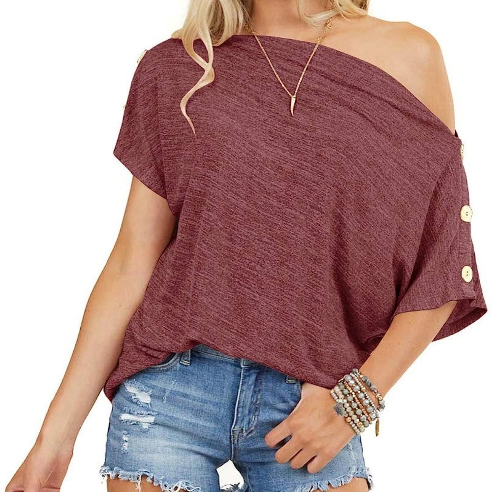 Womens Off Shoulder Loose Button Down Short Sleeve Shirt Tunic Blouse